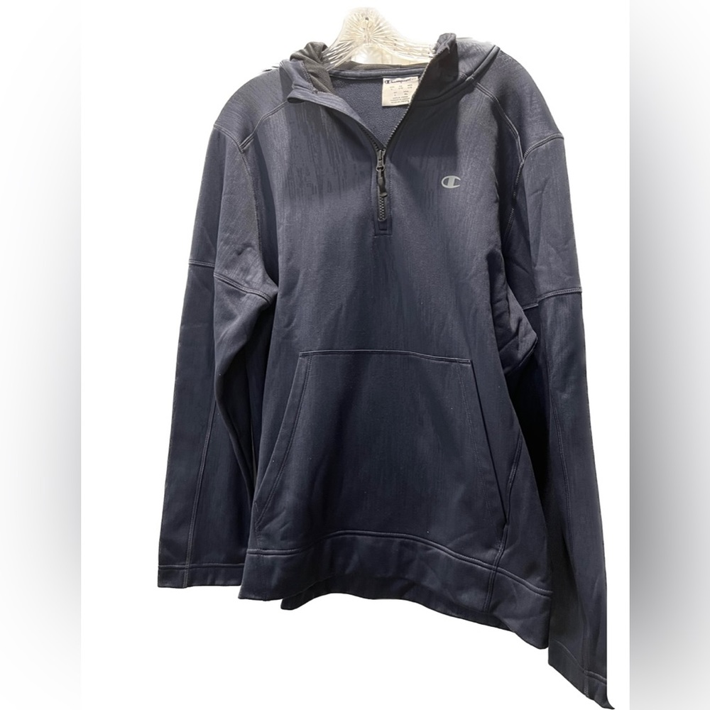 Champion dark blue fleece hoodie. Zipper and half pocket in the front.